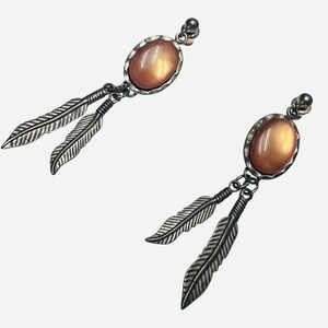 WM Co Wheeler Sterling Silver Orange Cabochon Feather Dangle Earrings Vintage